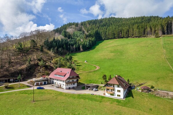 Une maison de campagne avec un toit rouge, un petit garage attenant et une allée goudronnée.