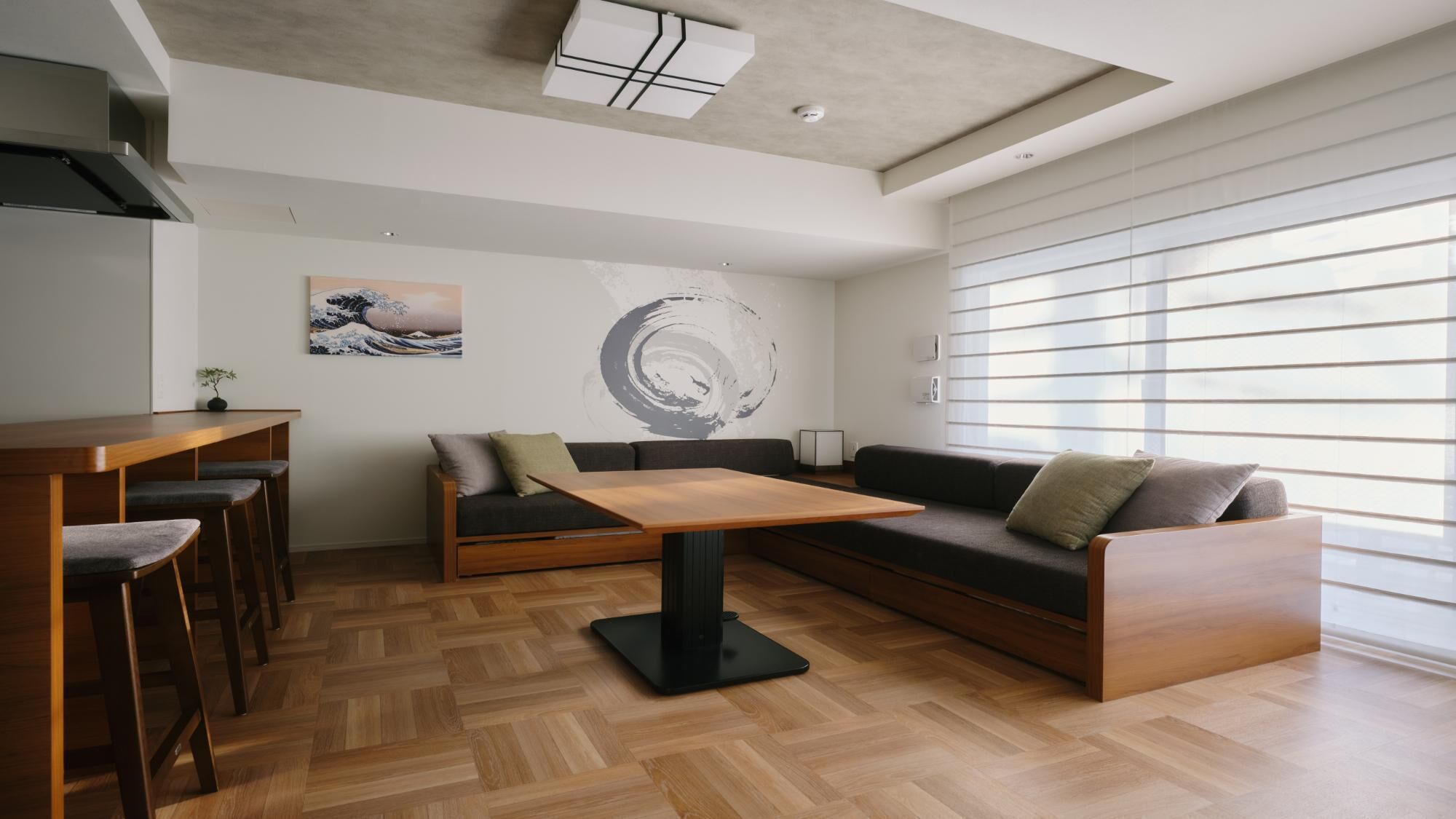 A modern living space with a wooden dining table, a sofa, and a large abstract wall art piece.