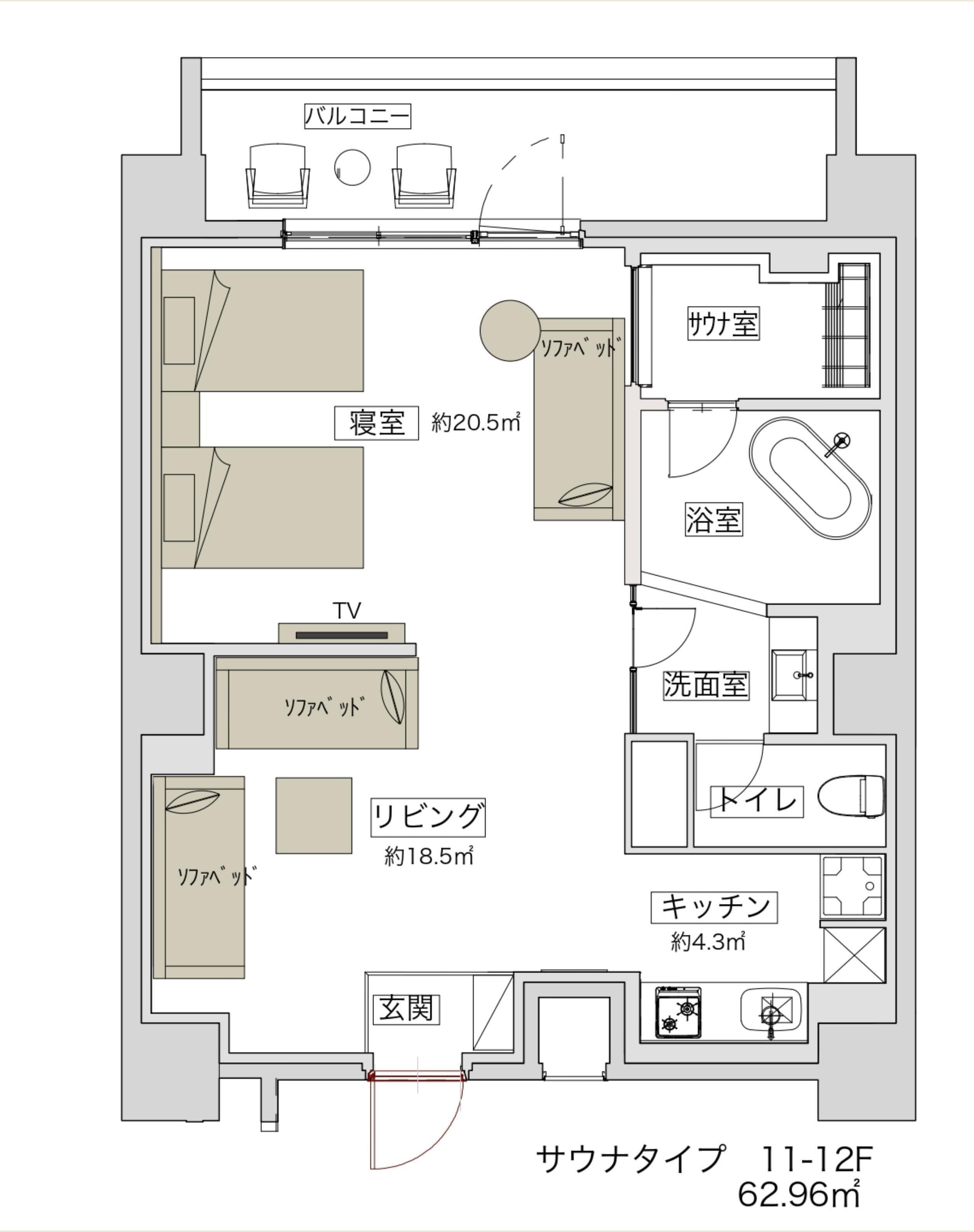 A hotel floor plan with a living room, bedroom, bathroom, and kitchen.