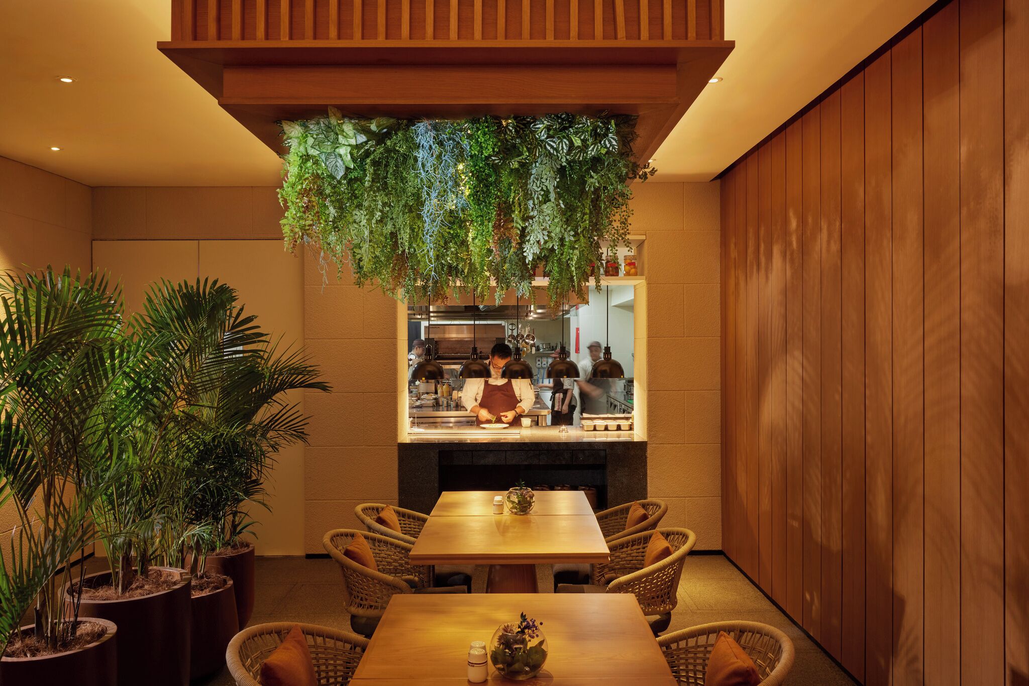 A dining area with a wooden table, wicker chairs, potted plants, and a view of the kitchen.