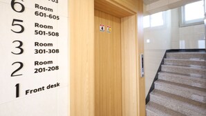 Un hôtel dont les chambres sont numérotées de 701 à 703, de 601 à 605, de 501 à 508, de 301 à 308 et de 201 à 208, et qui donnent sur la réception.