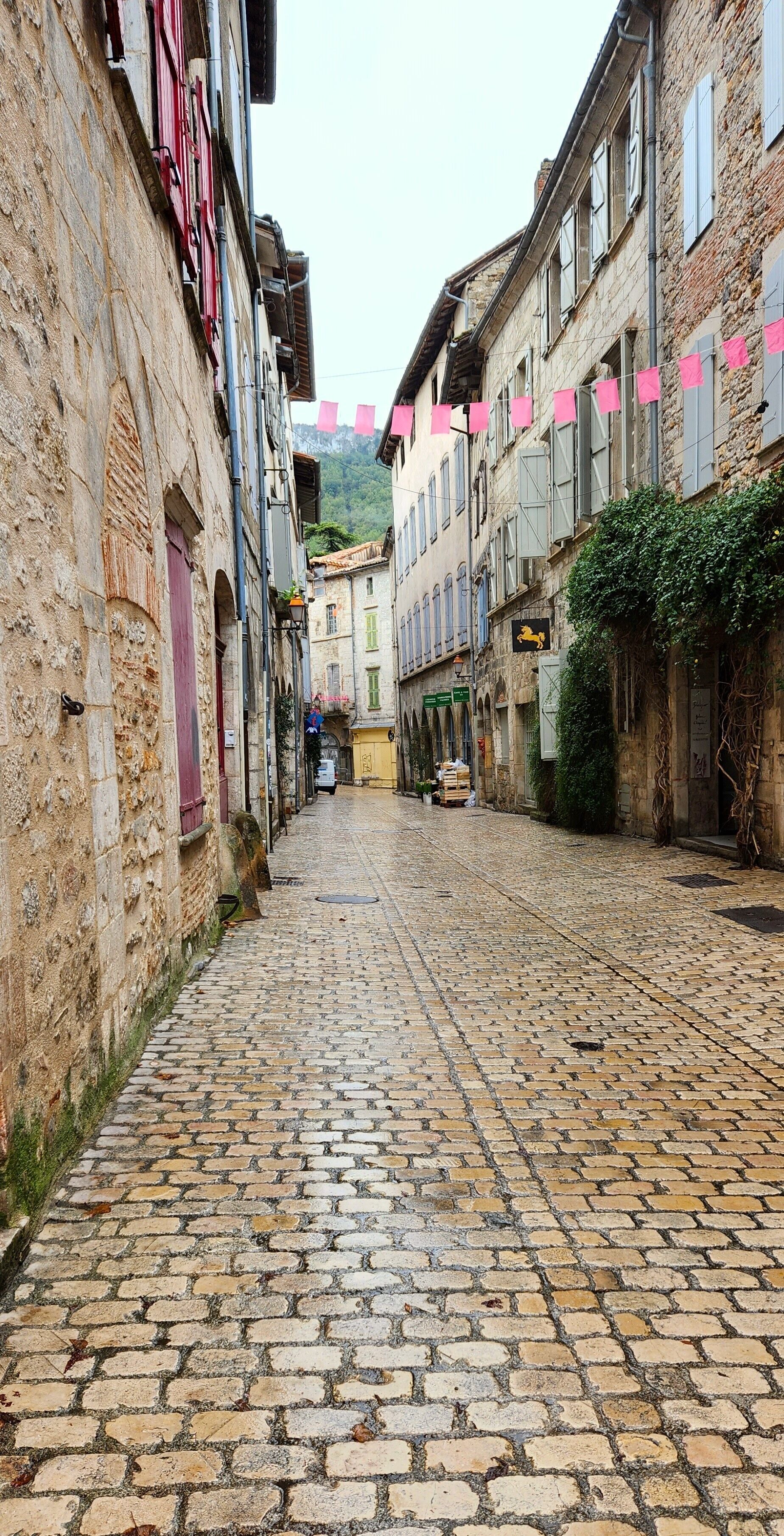 A cobblestone street flanked by historic stone buildings with arched doorways and shutters.