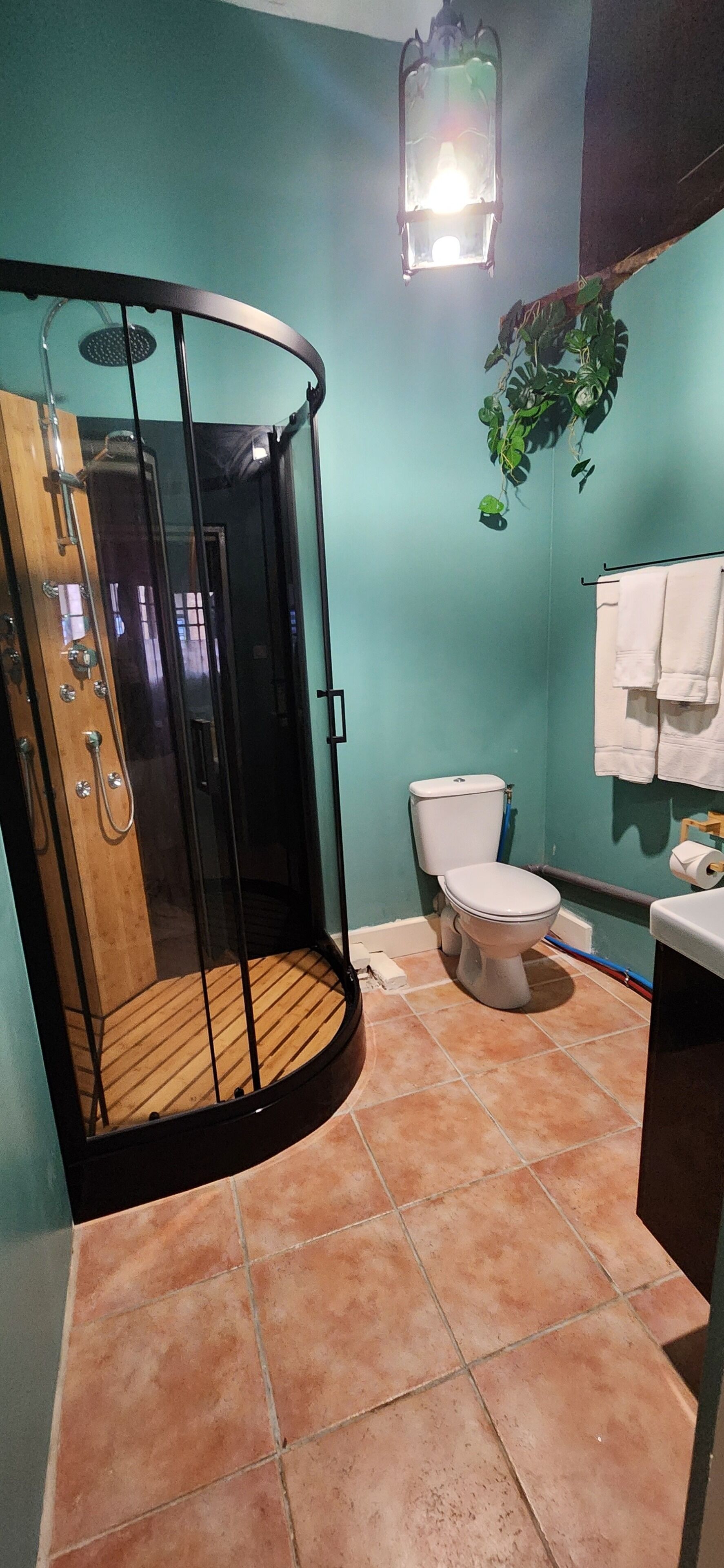A bathroom with a glass-enclosed shower, a toilet, and a sink.