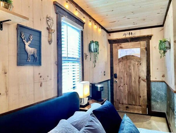 A cozy room with a blue sofa, a wooden door, and a wall-mounted deer head decoration.