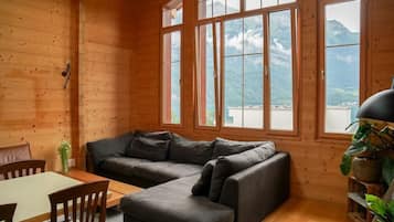 Smart TV, chimenea, libros y biblioteca musical