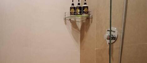 A shower area with a glass door, a shelf with toiletries, and a showerhead.