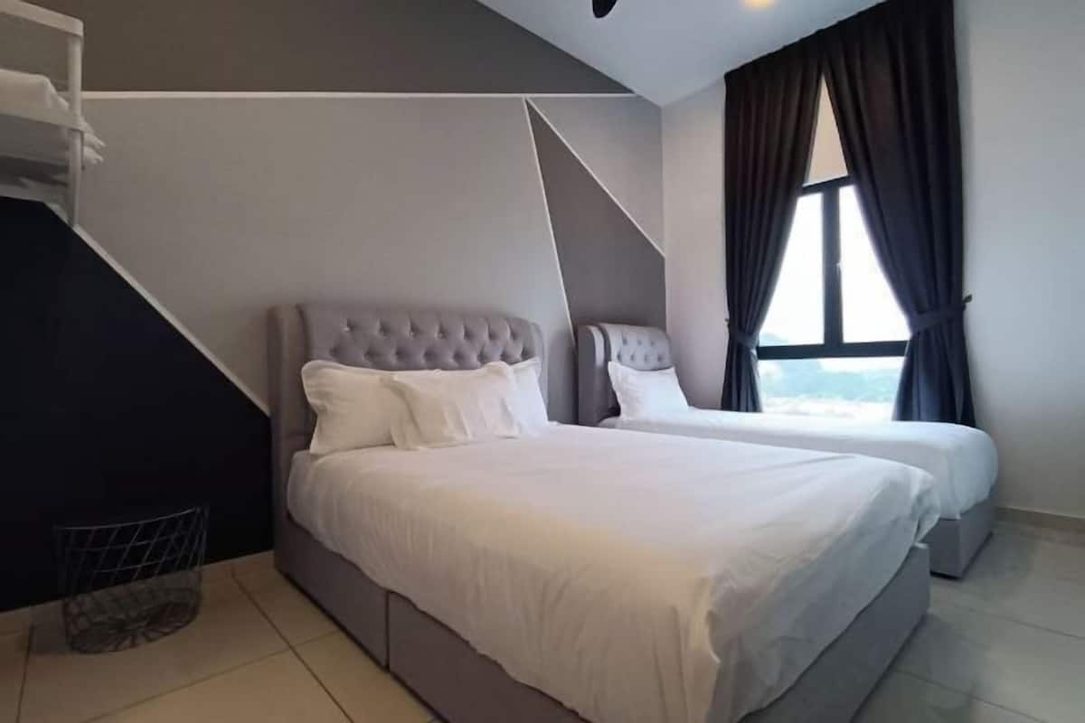 2 bedrooms, desk, blackout drapes, iron/ironing board