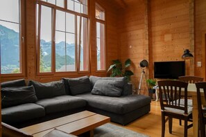 TV connectée, cheminée, chaîne hi-fi, écrans d'ordinateur