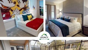 A hotel room with a large Mickey Mouse mural, a separate bedroom with a bed, and a pool area with a view of the surrounding landscape. - Luxury 6B Pool Home At Storey Lake (Kissimmee)