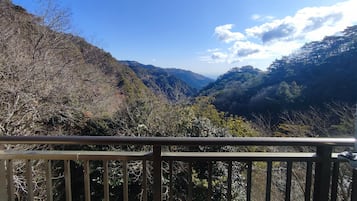 A view from a balcony with a railing, overlooking a valley with dense forested hills.