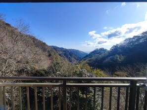 A view from a balcony with a railing, overlooking a valley with dense forested hills.