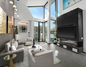 TV connectée, cheminée, lecteur de DVD, livres