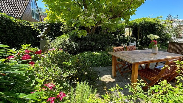 Ein Gartentisch mit Stühlen, umgeben von verschiedenen Pflanzen und Blumen.