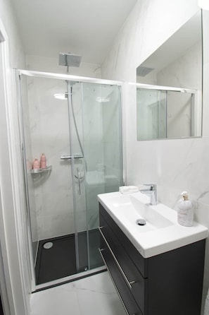 Hair dryer, towels, soap, shampoo