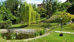 Ein friedlicher Park mit Teich, Bänken und einer Weide.