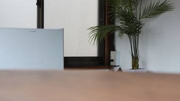 Une pièce avec un mur blanc, un plancher en bois et une plante en pot.