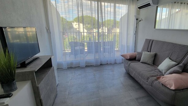 A living room with a grey sofa, a flat-screen TV, and a potted plant. - Studio Proche Centre ET Plage Avec Clim ET Parking (La Grande-Motte)