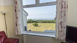 Ein Zimmer mit großem Fenster, Heizkörper, Ledersessel und Fernseher.