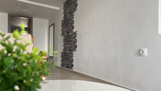 A modern hallway with a glass floor, a stone accent wall, and a potted plant.