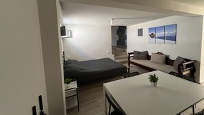 A compact living space with a bed, sofa, dining table, and a small kitchen area.