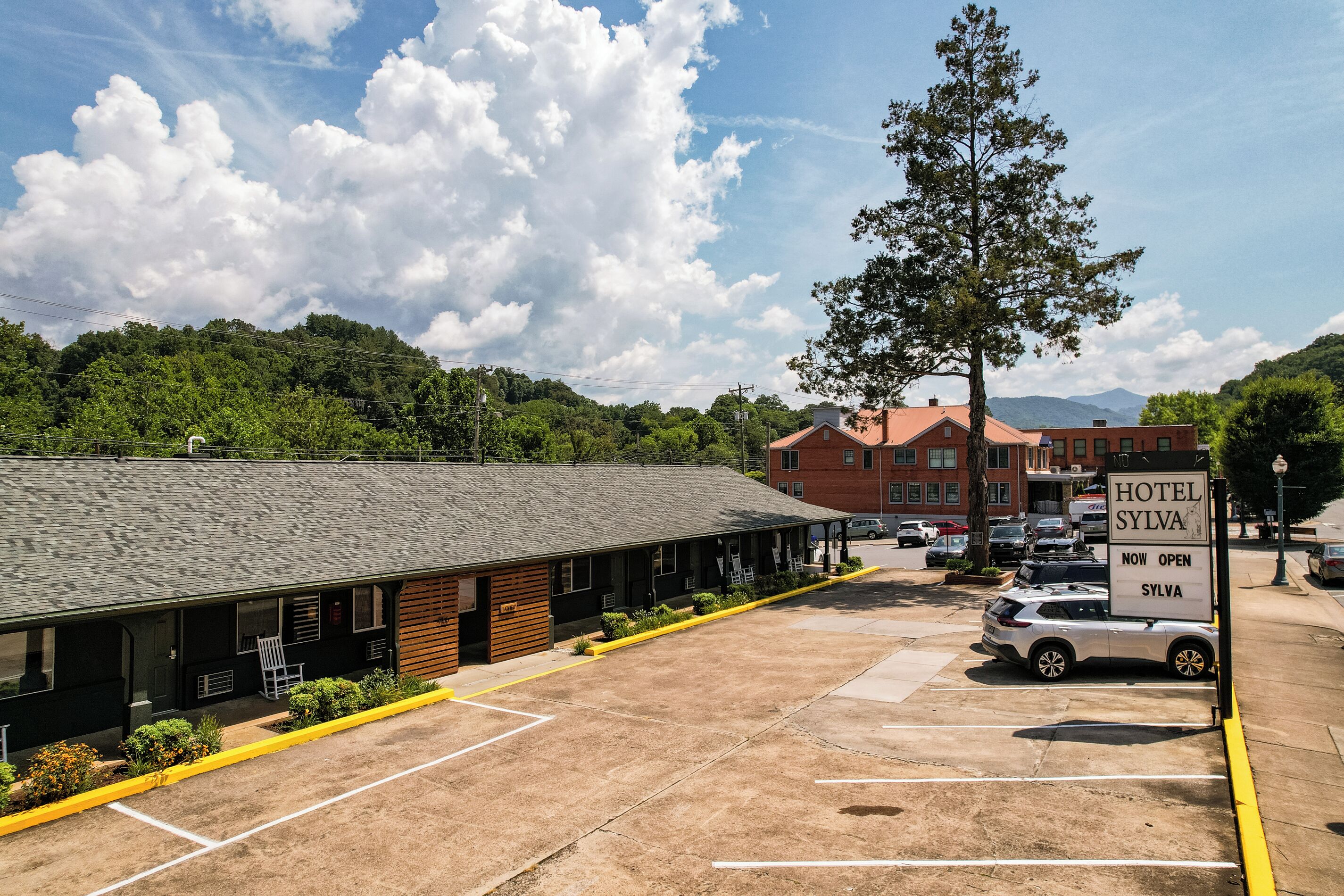 A hotel with a parking lot, a building with a sign reading "HOTEL SYLVIA," and a large tree in the foreground.