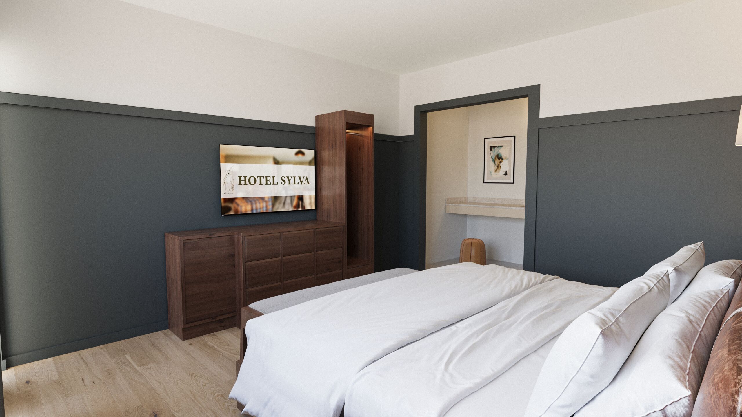 Un dormitorio con cama, armario de madera, espejo y un cuadro enmarcado en la pared.