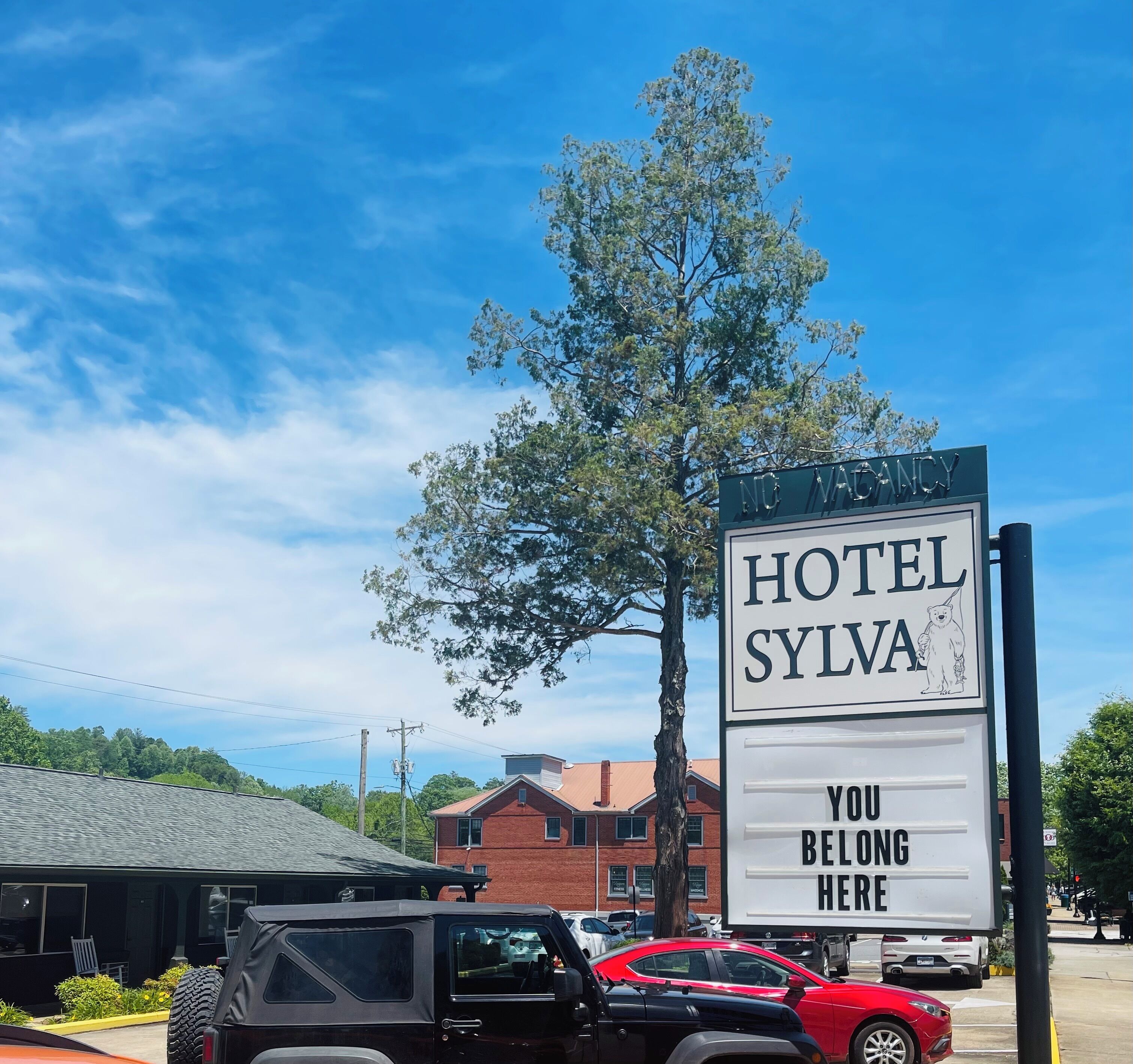 A sign for Hotel Sylva with a bear illustration and the text "YOU BELONG HERE".