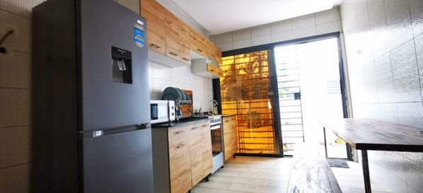 Fridge, microwave, oven, electric kettle