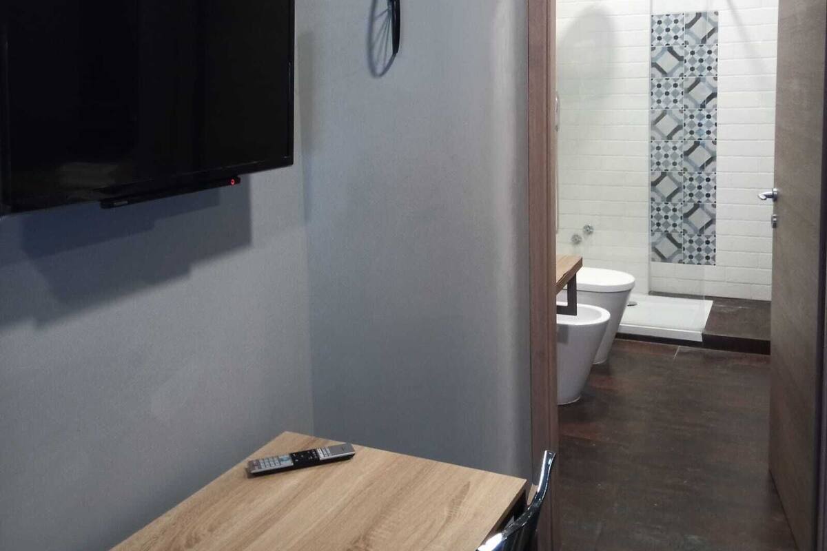 A bathroom with a toilet, a shower, and a TV mounted on the wall.
