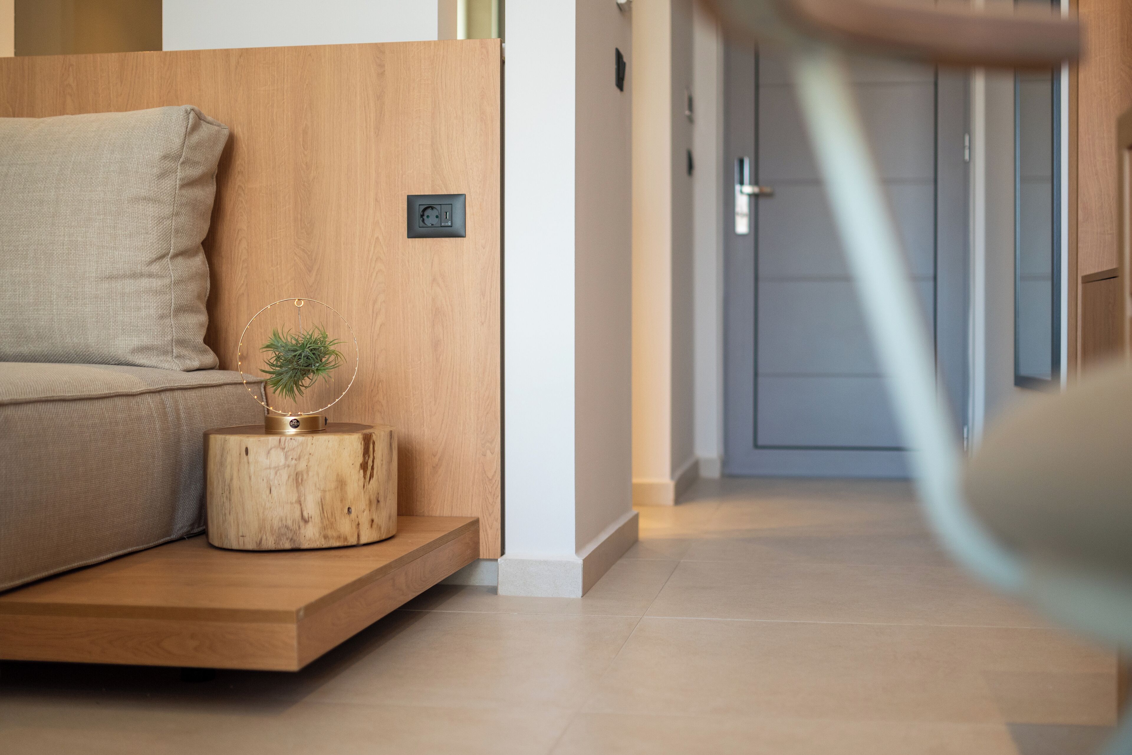 Una sala de estar moderna con suelo de madera, un sofá, una mesita de madera con una planta y una puerta al fondo.