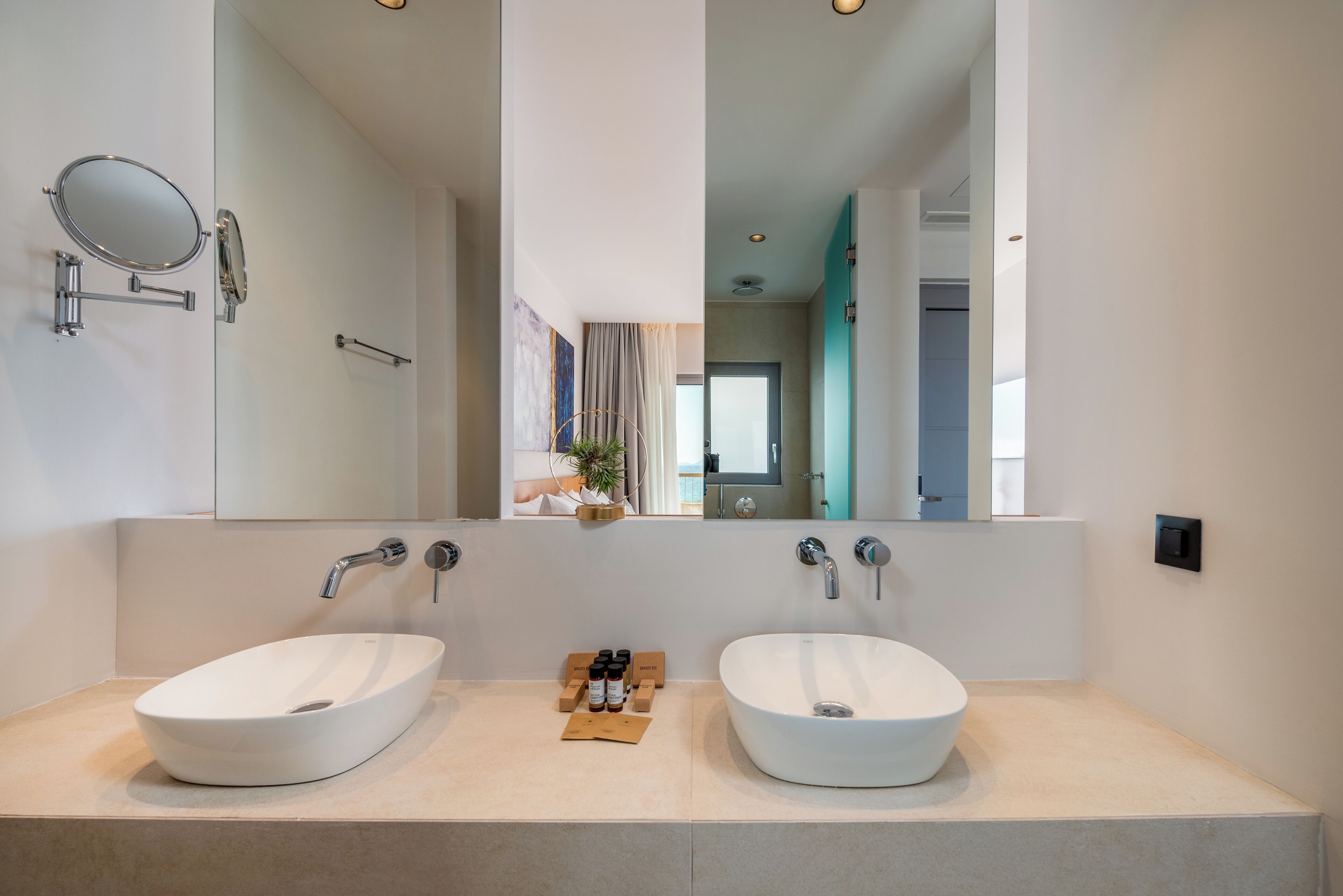 A modern bathroom with two large oval sinks, a mirror, and a small plant on the vanity.