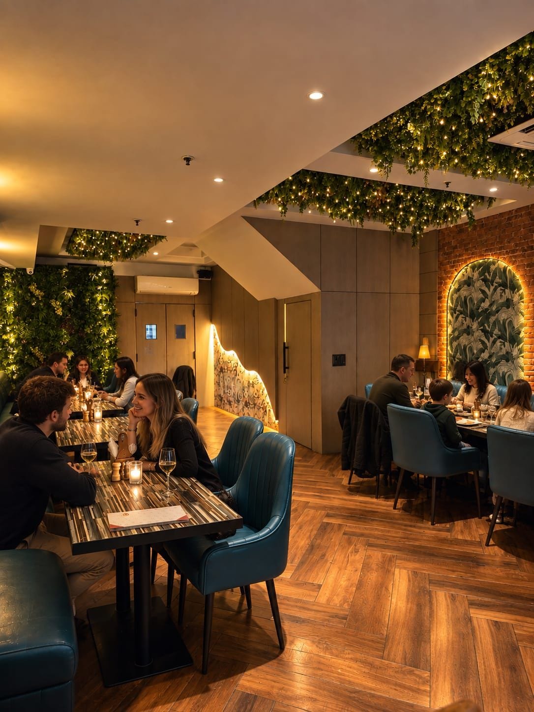 Interno di un ristorante con pavimento in legno, sedie rivestite di blu e parete decorata con mattoni.