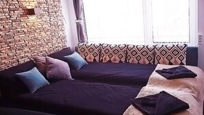 A room with a brick wall, a bed with dark bedding, patterned curtains, and a window. - 10 minutes walk to North Park, 5 minutes to Beli Dunav metro station.  (Sofia)