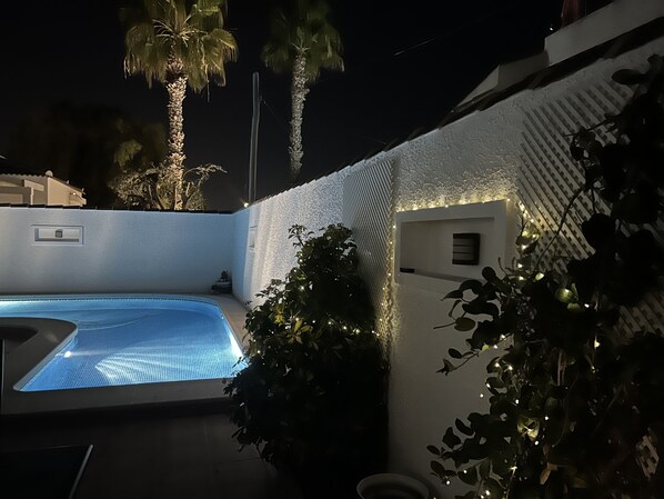 A swimming pool with a textured wall and string lights, surrounded by greenery and palm trees.