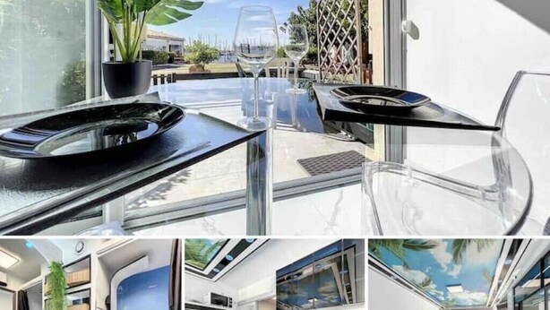 Ein modernes Interieur mit Glastisch, Topfpflanze und Weingläsern.