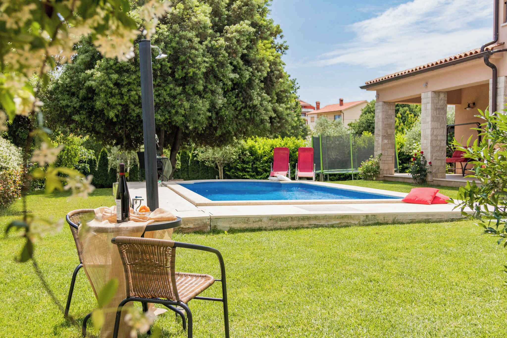A backyard with a swimming pool, a covered patio, and a dining area with outdoor furniture.