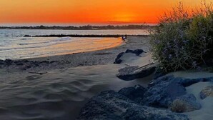 Une scène de plage avec un coucher de soleil, des vagues et une personne qui court.