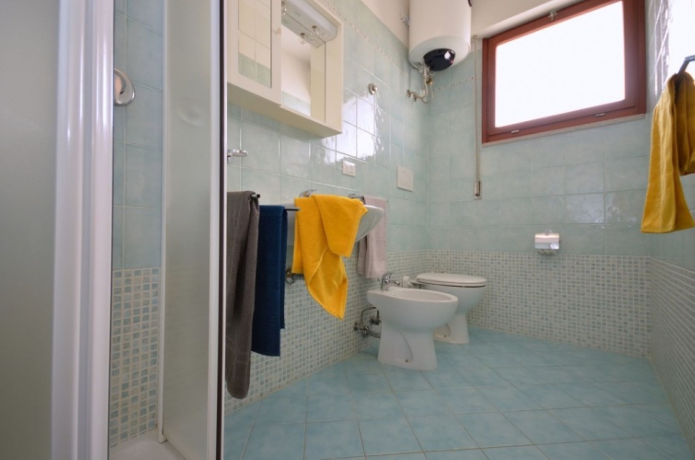 A bathroom with a shower, a toilet, and a bidet. There are towels hanging on a rack.