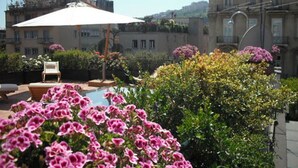 A rooftop garden with a pool, outdoor seating, and flowering plants.