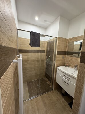Shower, hair dryer, towels, soap