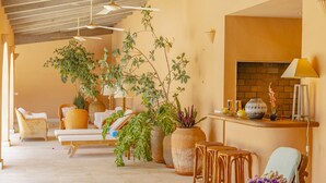 Un salon chaleureux, avec des meubles en osier, une grande plante en pot et une cheminée.