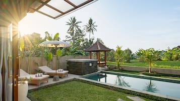 Outdoor pool, pool umbrellas, pool loungers