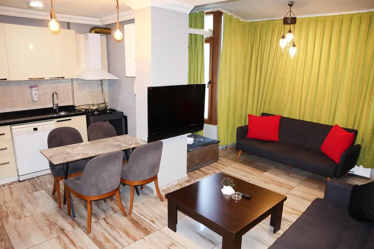 A compact living space with a kitchen, dining area, and a living room.