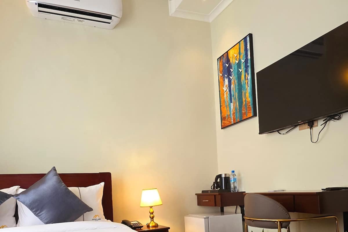 Una camera d'albergo con un letto, una scrivania, una sedia, una TV e un condizionatore d'aria.