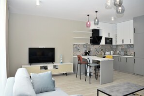 Appartement Standard, plusieurs chambres (White Moon Apartment 301) | Aire de séjour | Téléviseur à écran plat de 21 po avec télévision par câble