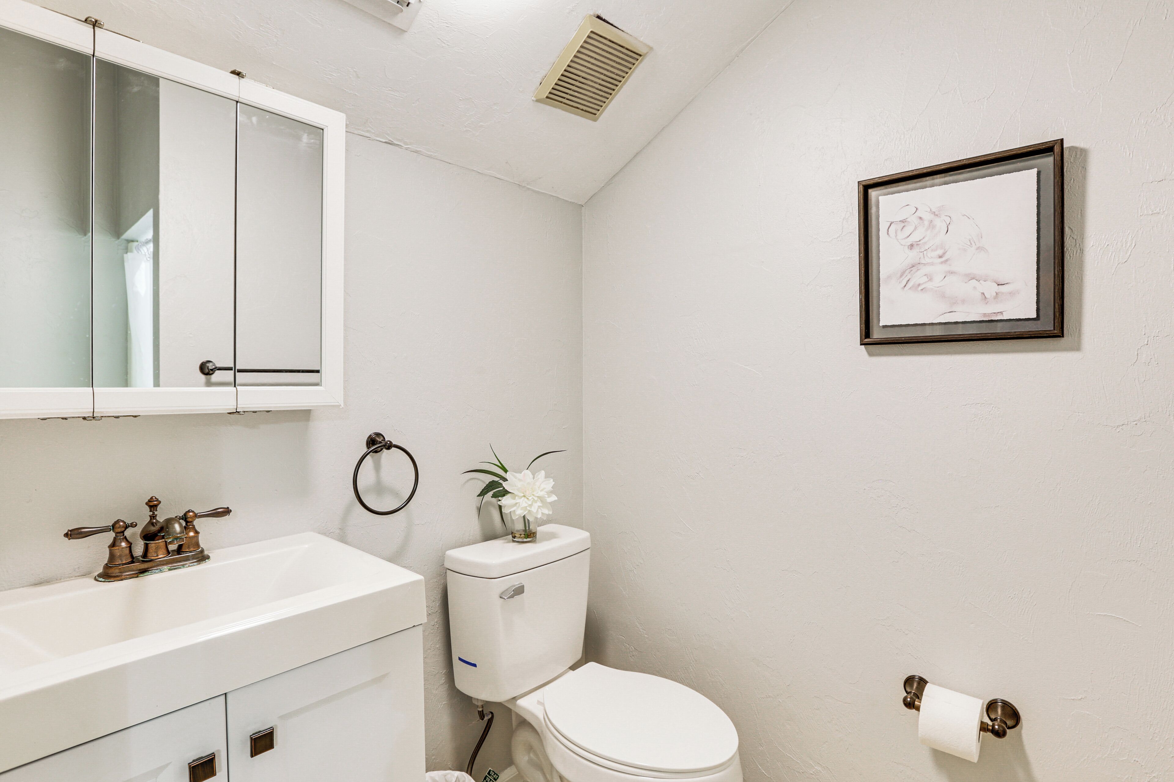 A bathroom with a white sink, a mirror, a toilet, and a framed artwork on the wall.
