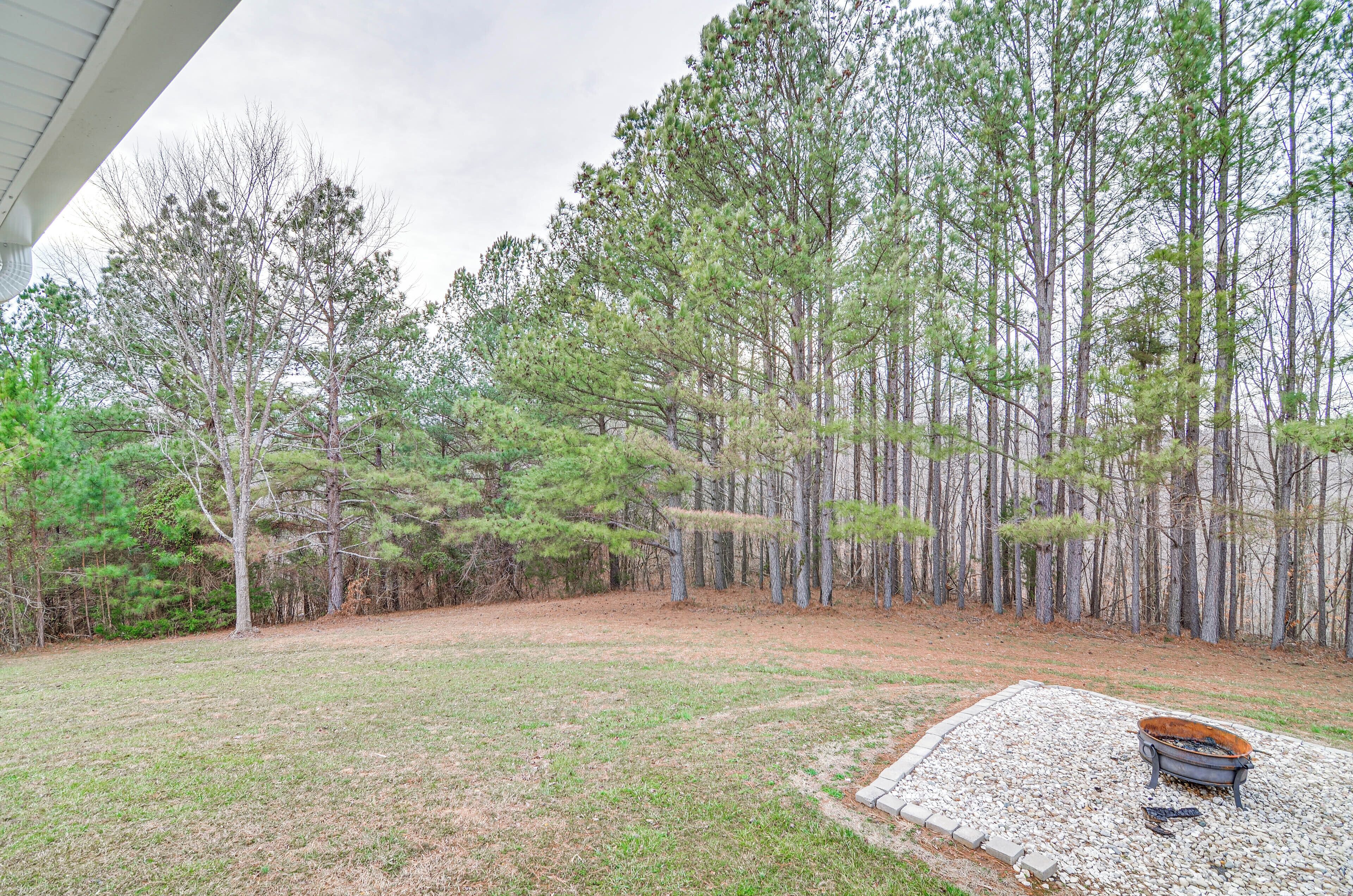 A backyard with a fire pit, surrounded by tall pine trees and a grassy area.