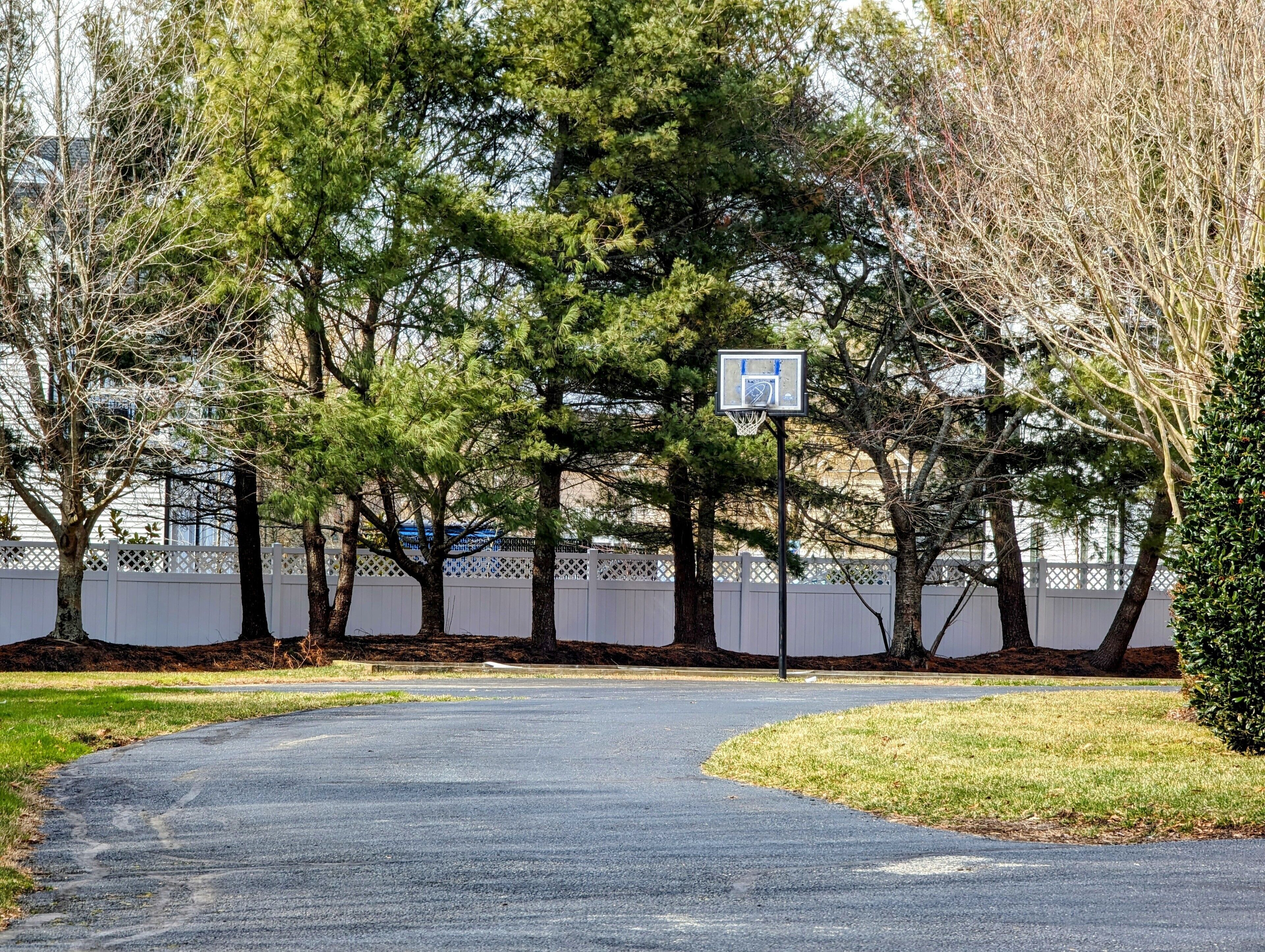 A basketball court with a hoop, surrounded by trees and a white fence.