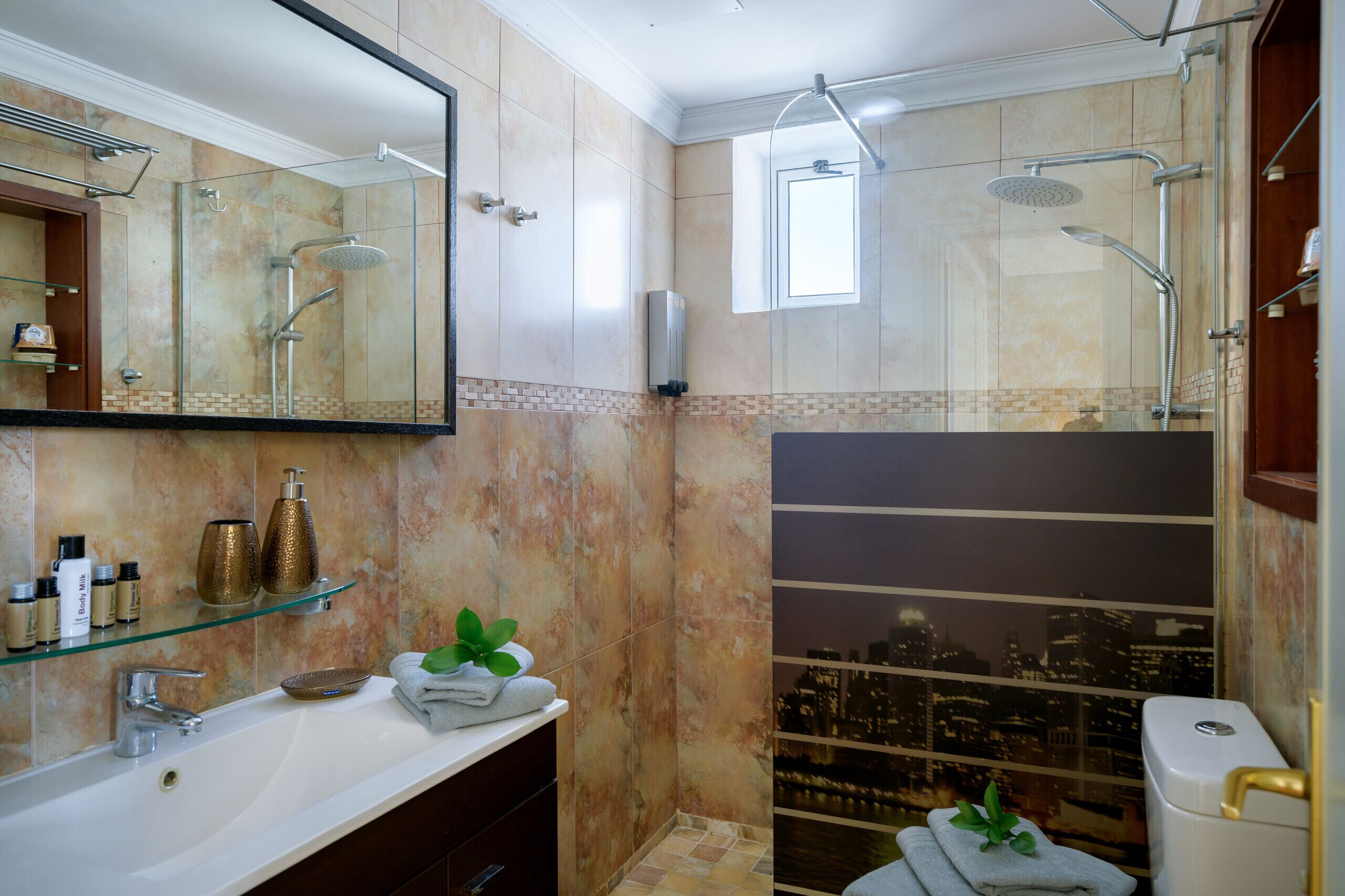 Une salle de bain avec une douche à parois de verre, un lavabo blanc et un grand miroir.