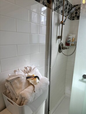 Shower, eco-friendly toiletries, hair dryer, towels